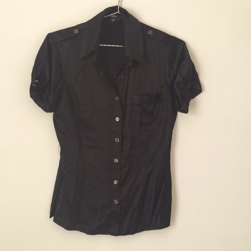 Bebe black silk button up shirt with front pocket